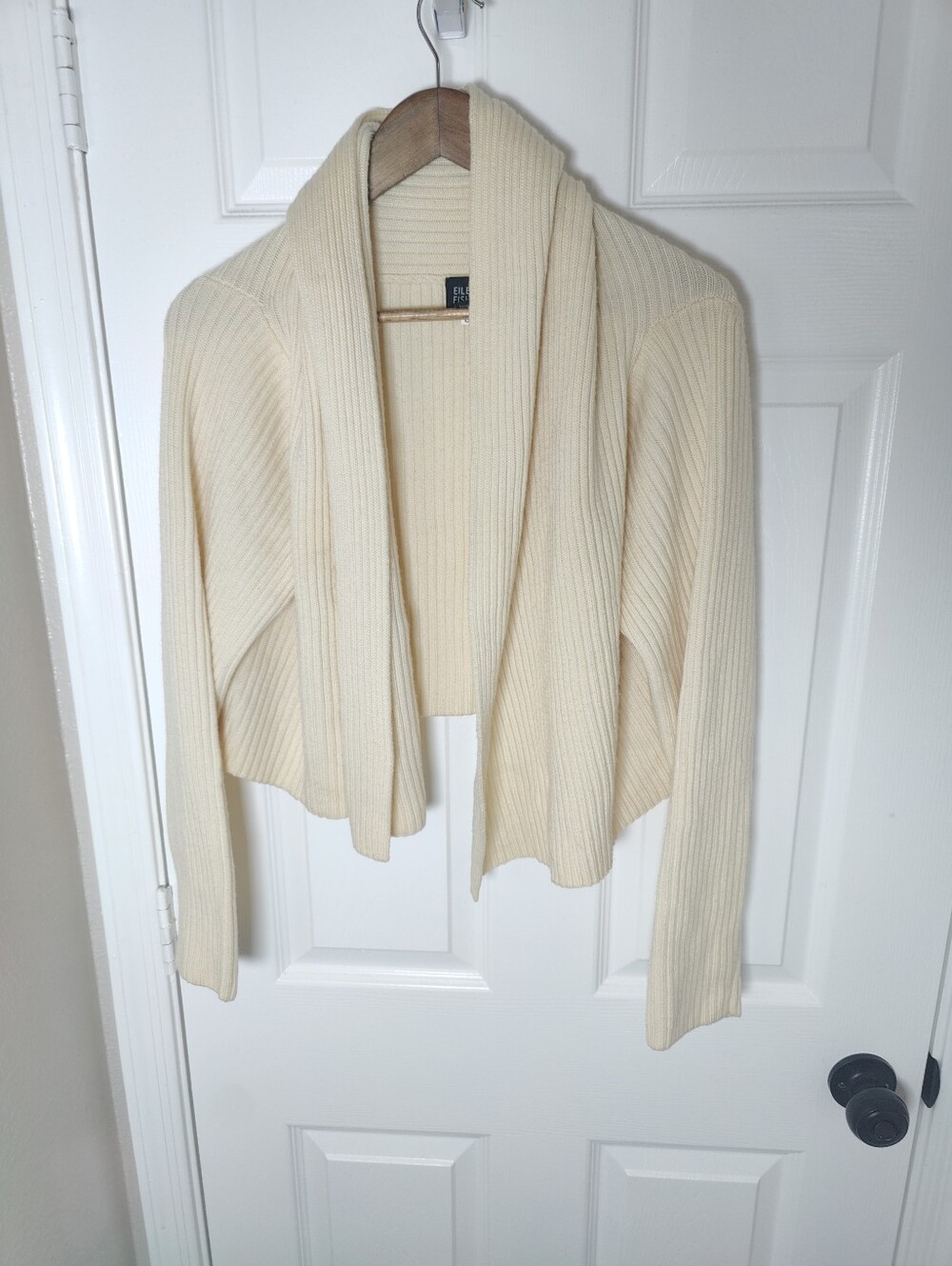 Eileen Fisher Ivory 100% Wool Open Front Heavyweight Cropped Cardigan Size XL